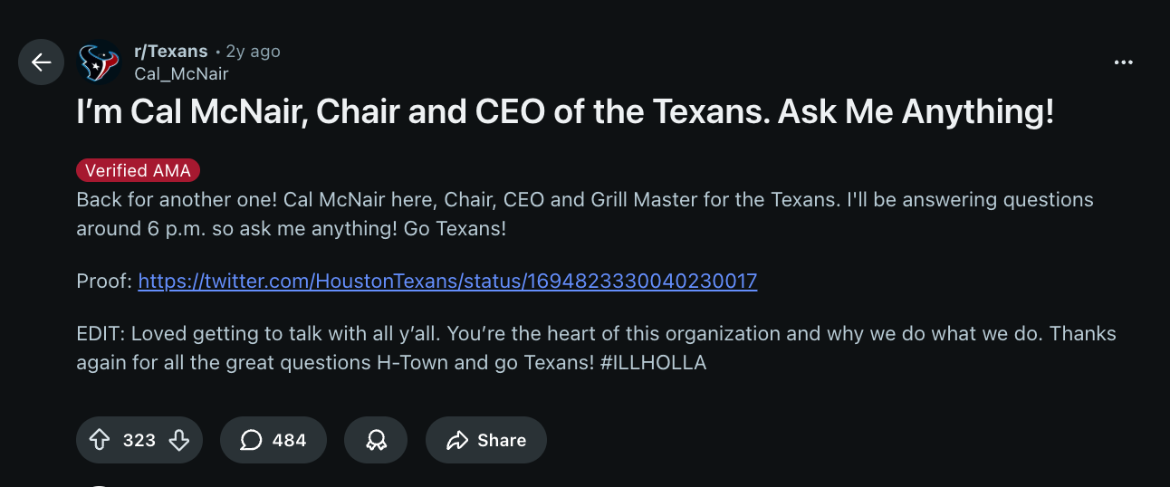 Cal McNair Reddit AMA